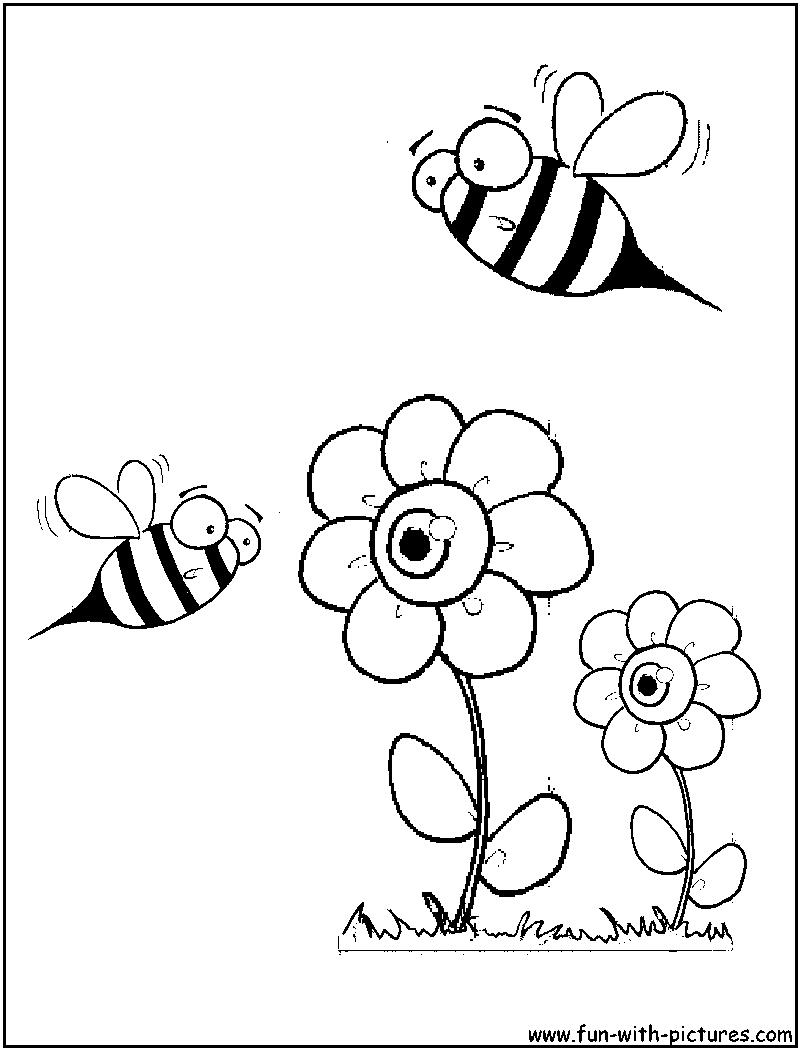 Bees Flowers Coloring Page 